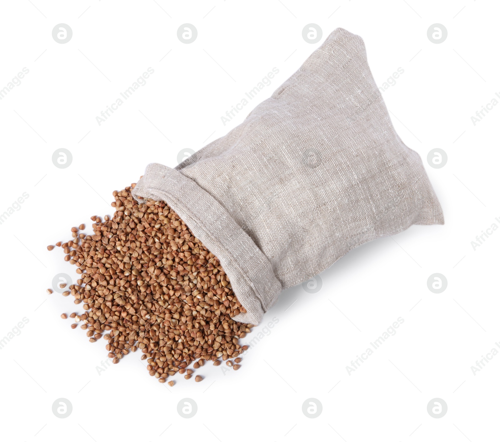 Photo of Raw buckwheat in burlap isolated on white, top view