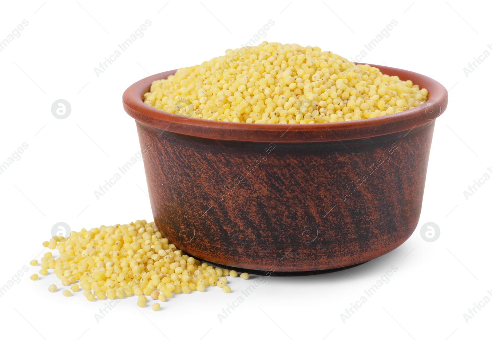 Photo of Millet groats in bowl isolated on white