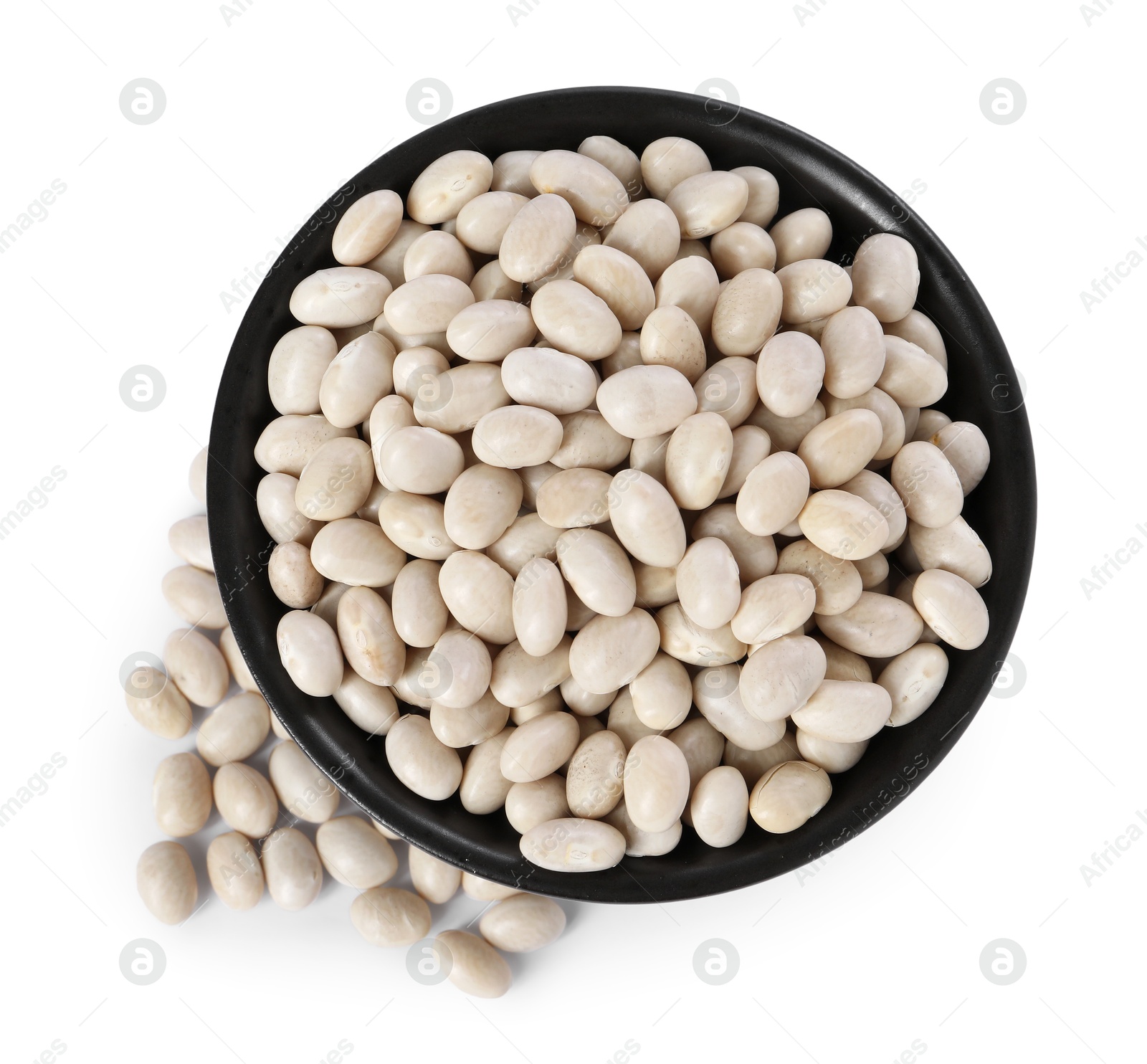 Photo of Dried beans in bowl isolated on white, top view