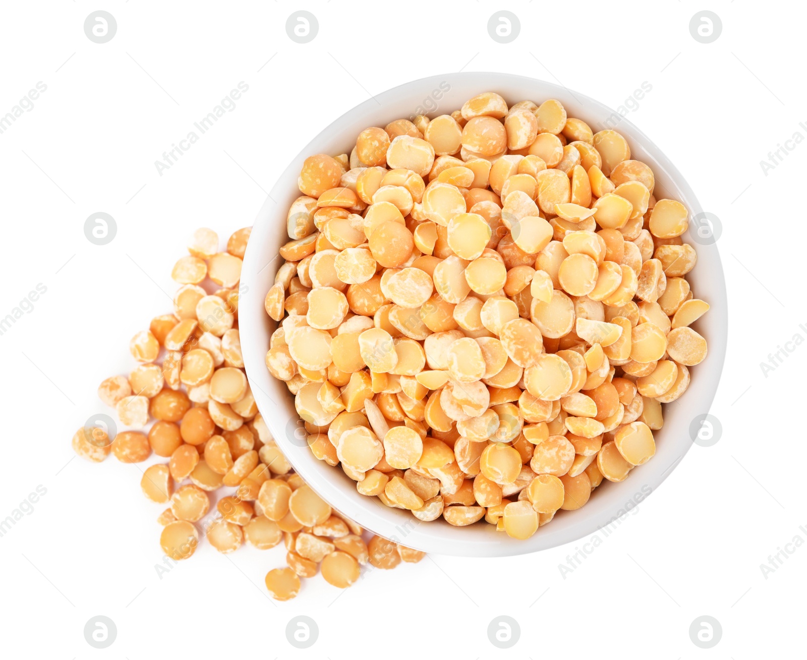 Photo of Dried peas in bowl isolated on white, top view