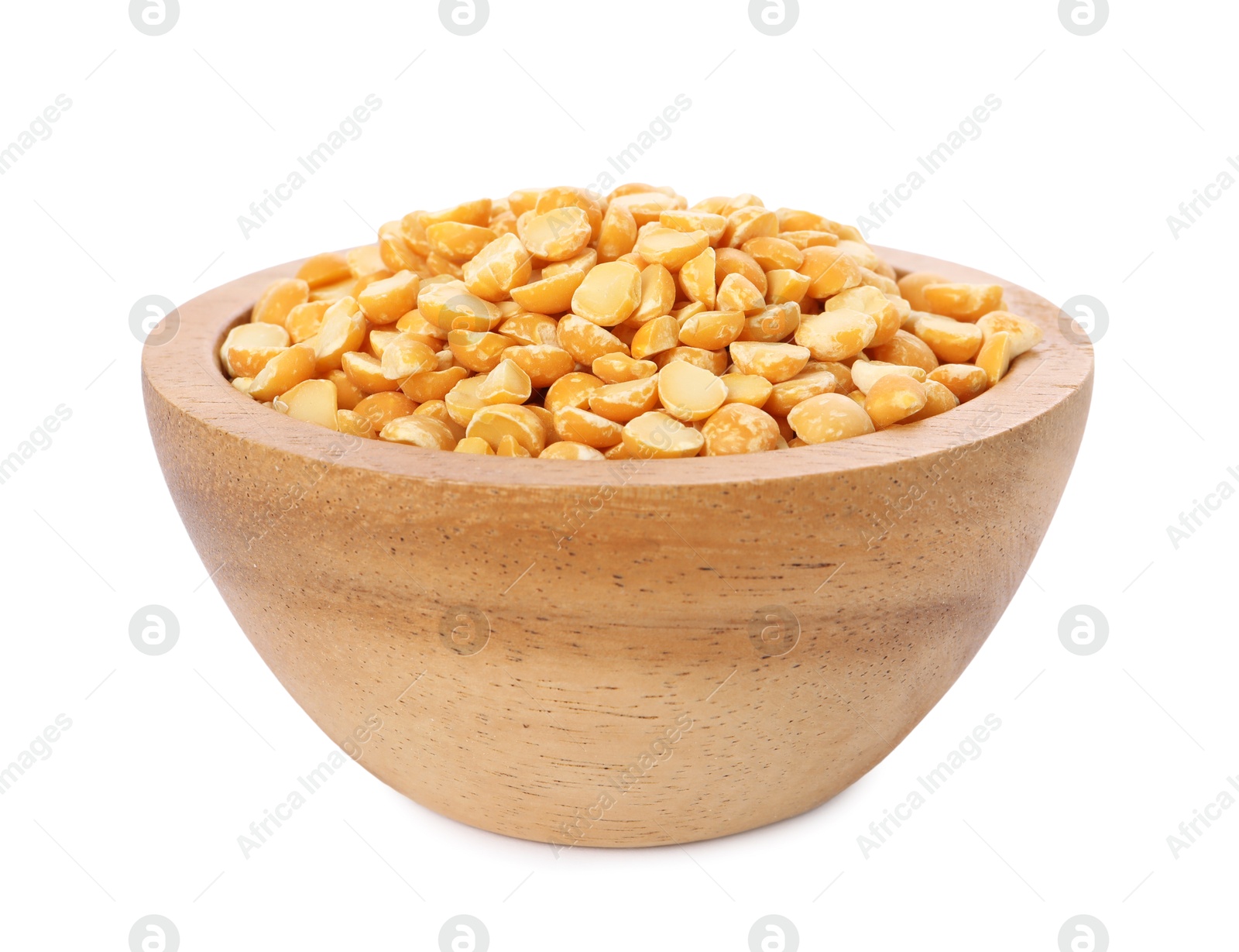 Photo of Dried peas in wooden bowl isolated on white