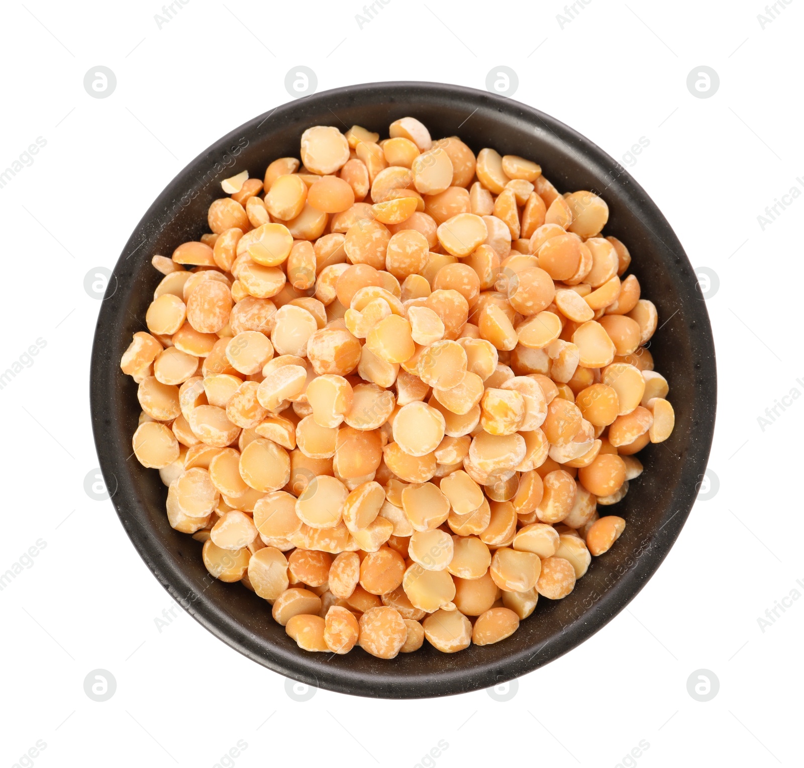 Photo of Dried peas in bowl isolated on white, top view