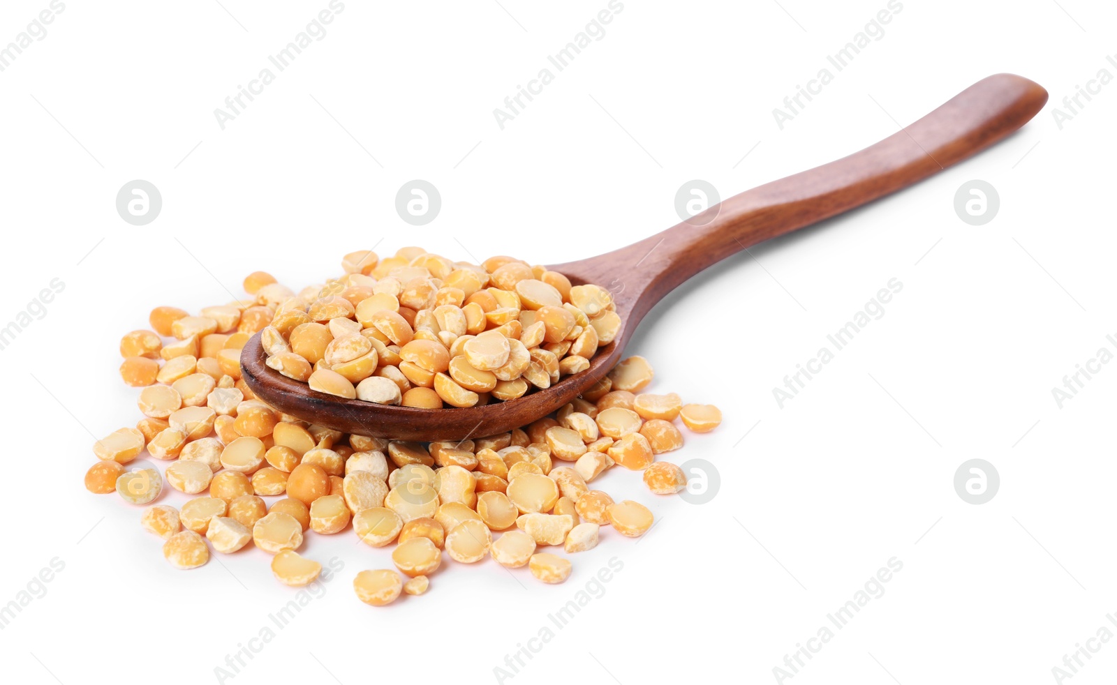 Photo of Dried peas in wooden spoon isolated on white