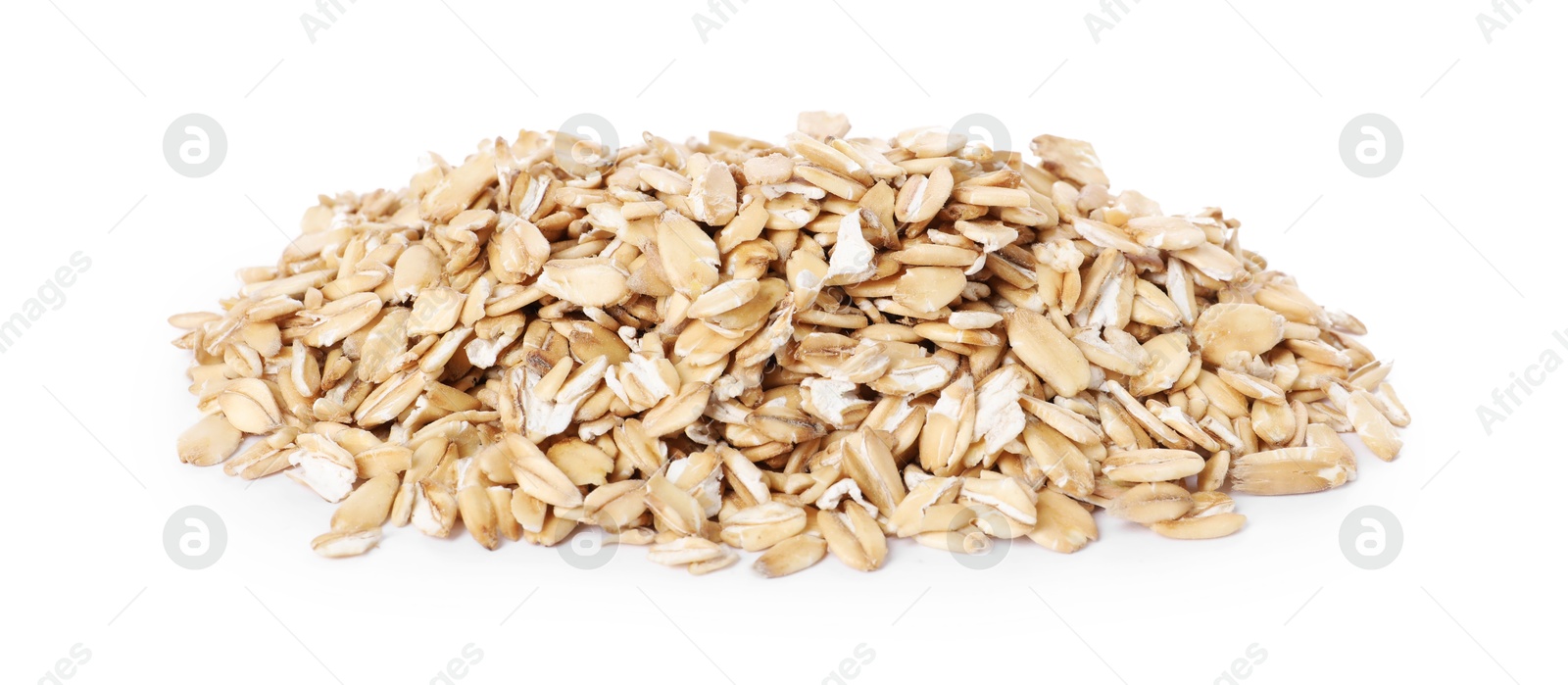 Photo of Heap of dry oat flakes isolated on white