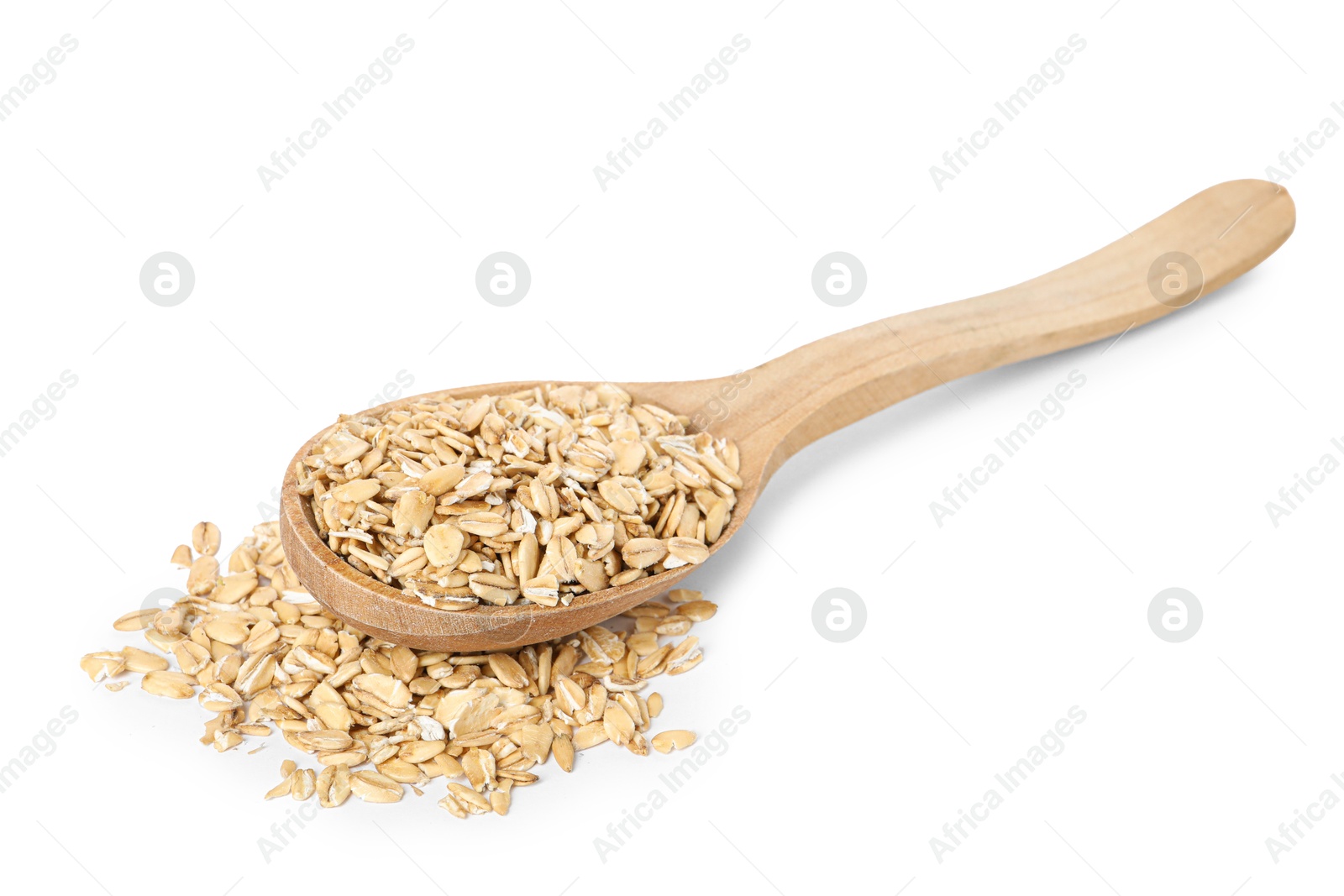 Photo of Dry oat flakes in wooden spoon isolated on white