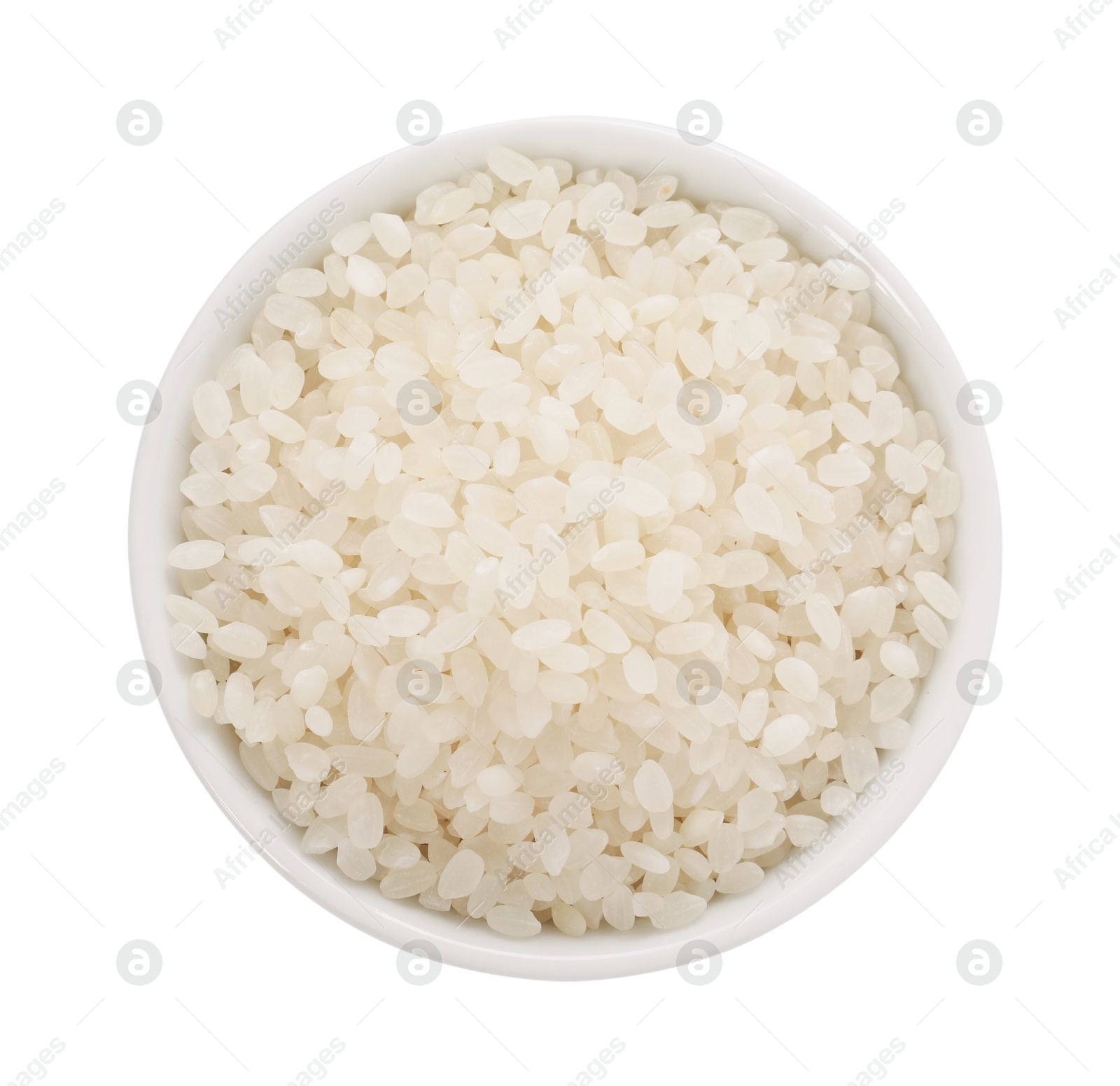 Photo of Raw rice in bowl isolated on white, top view