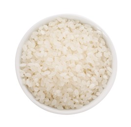 Photo of Raw rice in bowl isolated on white, top view