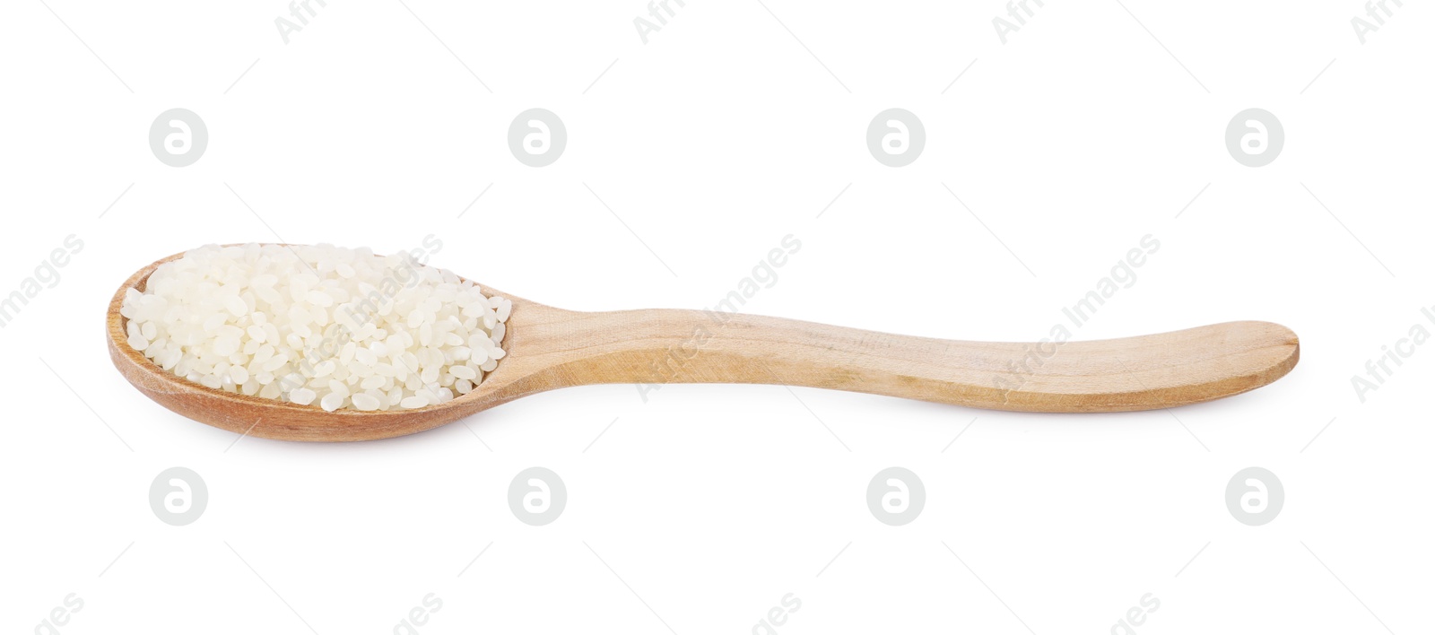 Photo of Raw rice in wooden spoon isolated on white