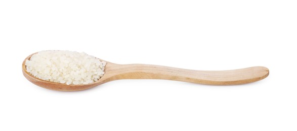 Photo of Raw rice in wooden spoon isolated on white