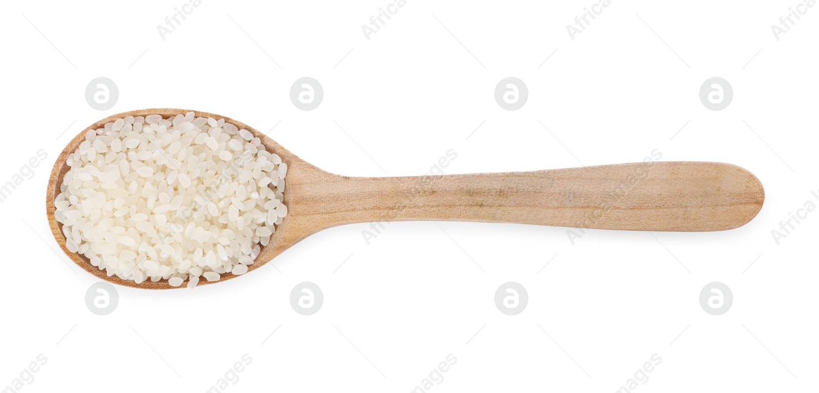 Photo of Raw rice in wooden spoon isolated on white, top view