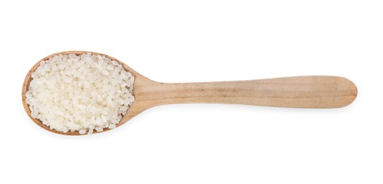 Photo of Raw rice in wooden spoon isolated on white, top view