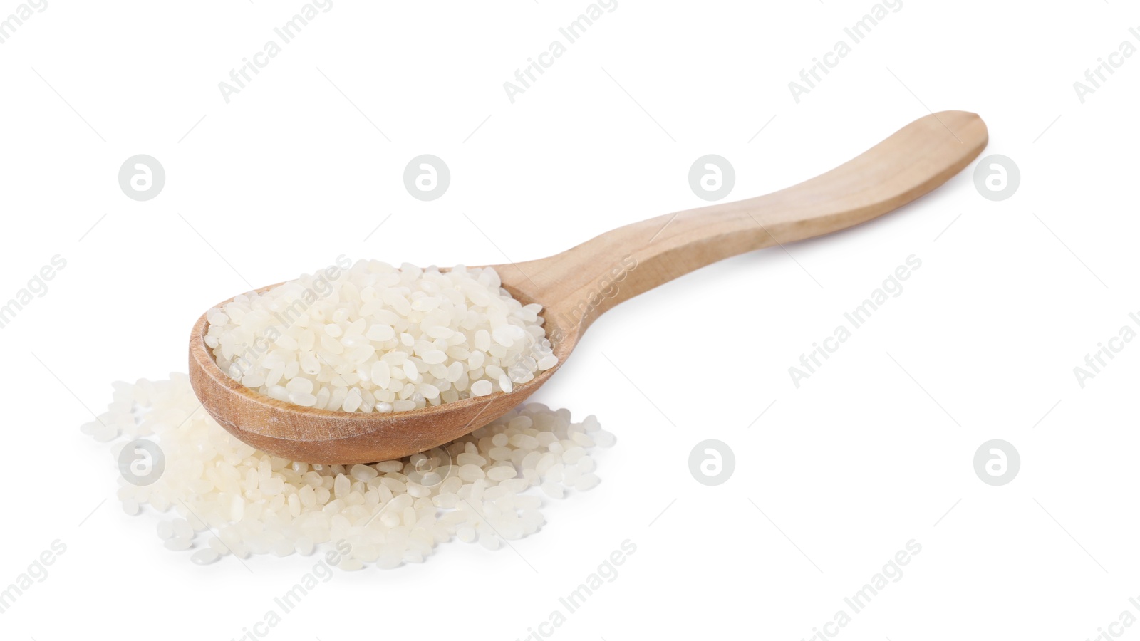 Photo of Raw rice in wooden spoon isolated on white