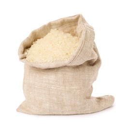 Photo of Raw rice in burlap sack isolated on white