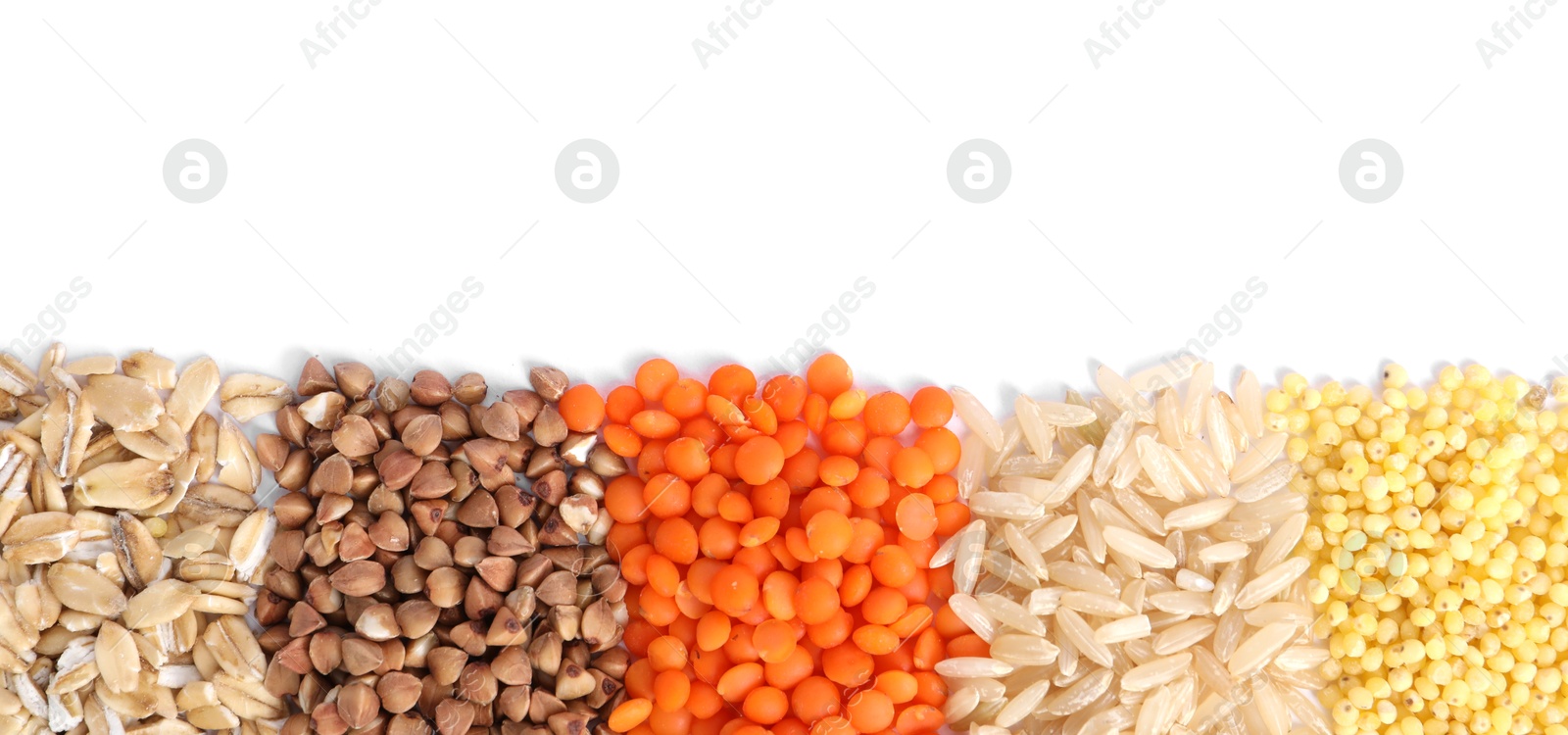 Photo of Different grains and cereals isolated on white, top view