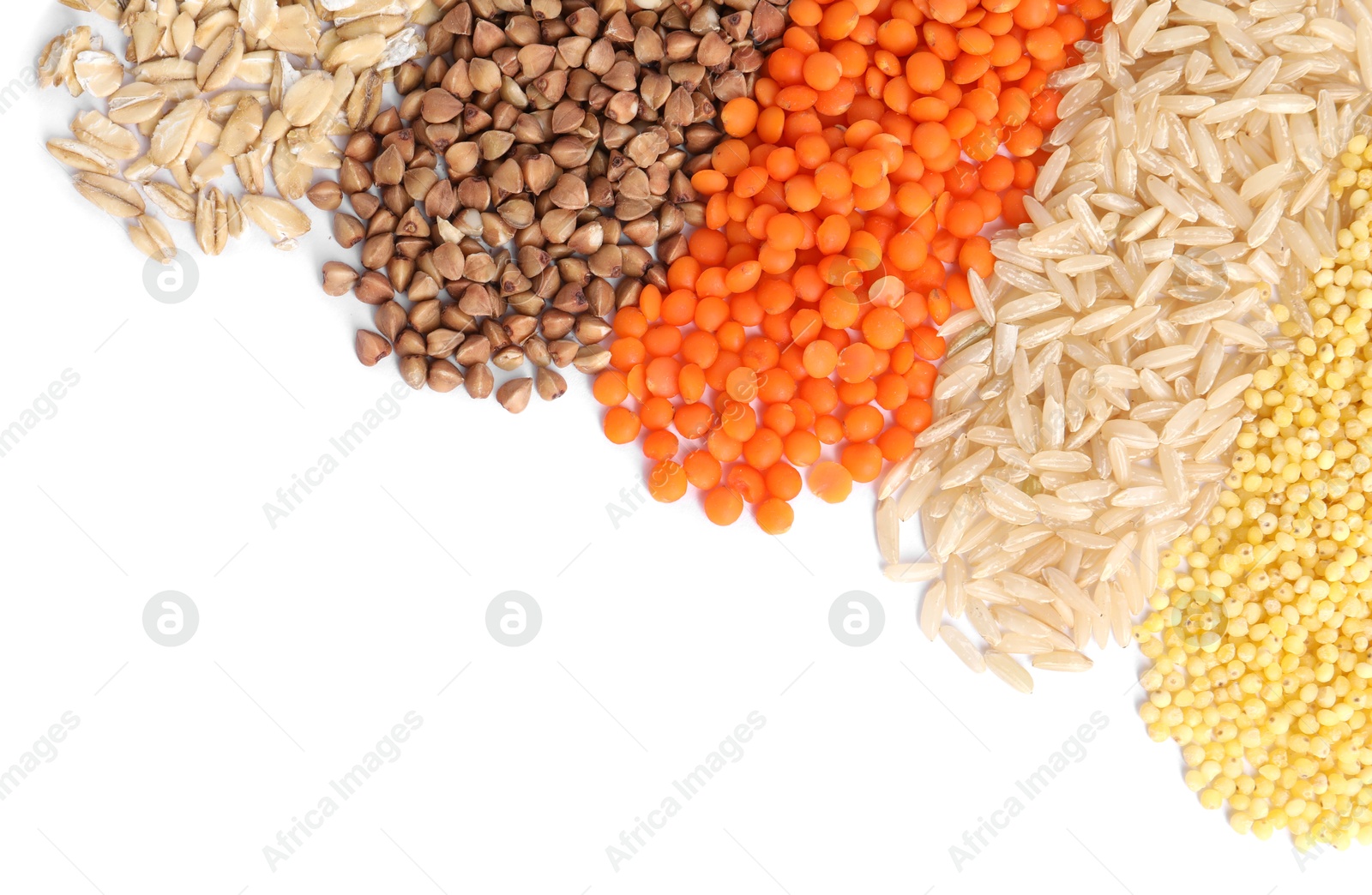 Photo of Different grains and cereals isolated on white, top view