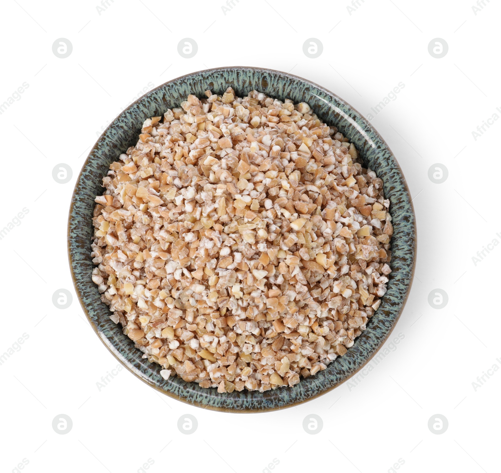 Photo of Dry wheat groats in bowl isolated on white, top view