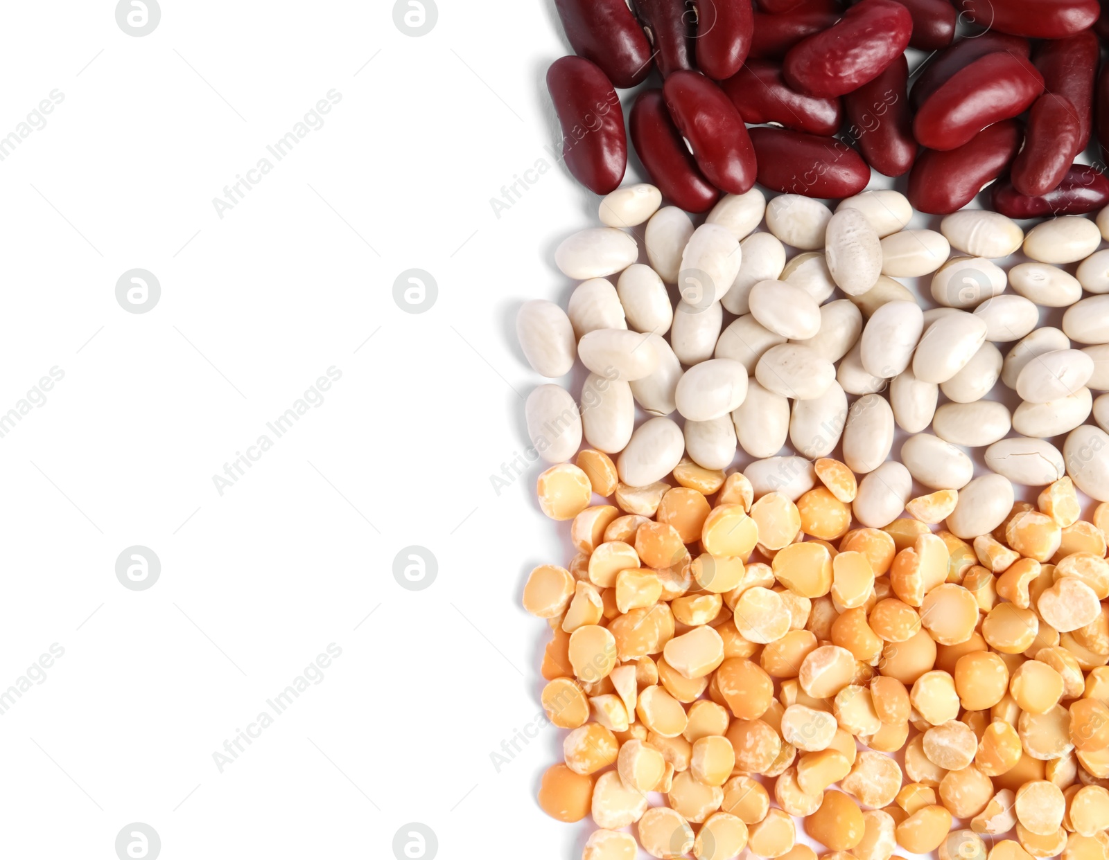 Photo of Different types of legumes isolated on white, top view