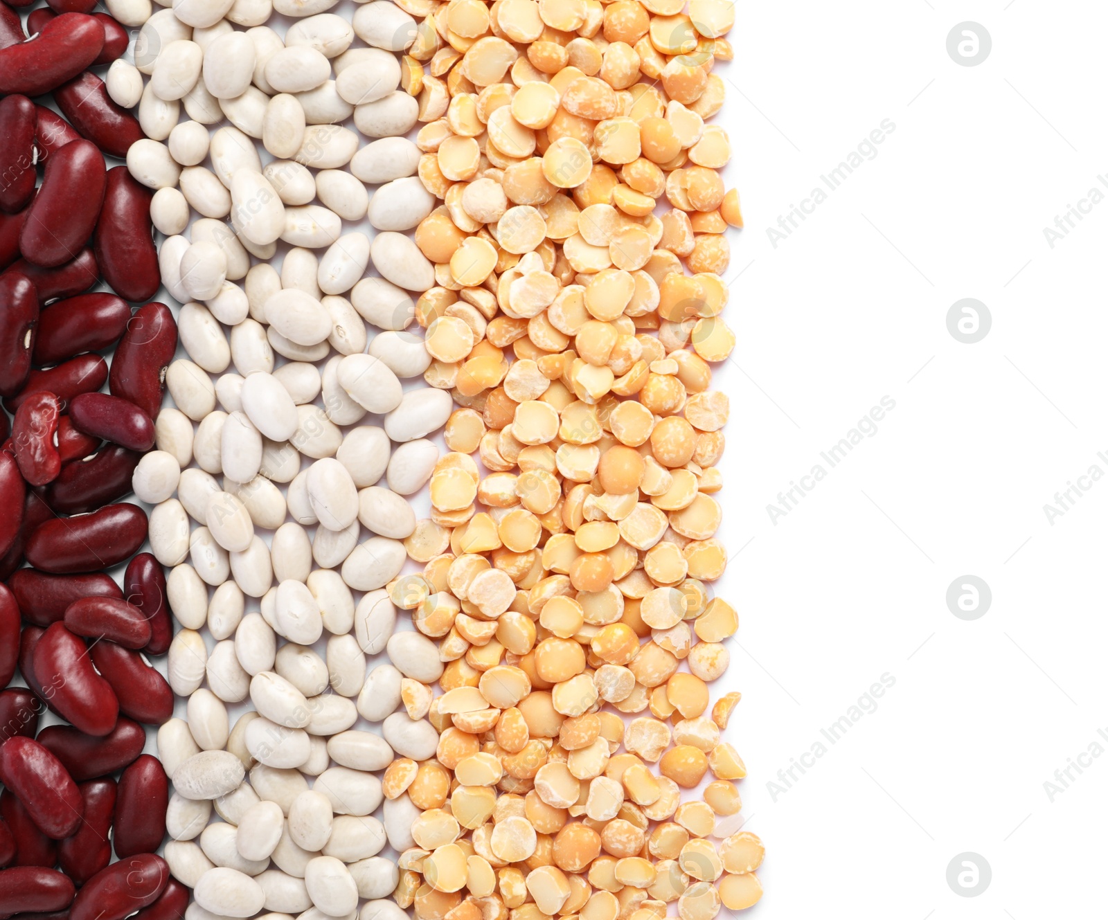 Photo of Different types of legumes isolated on white, top view