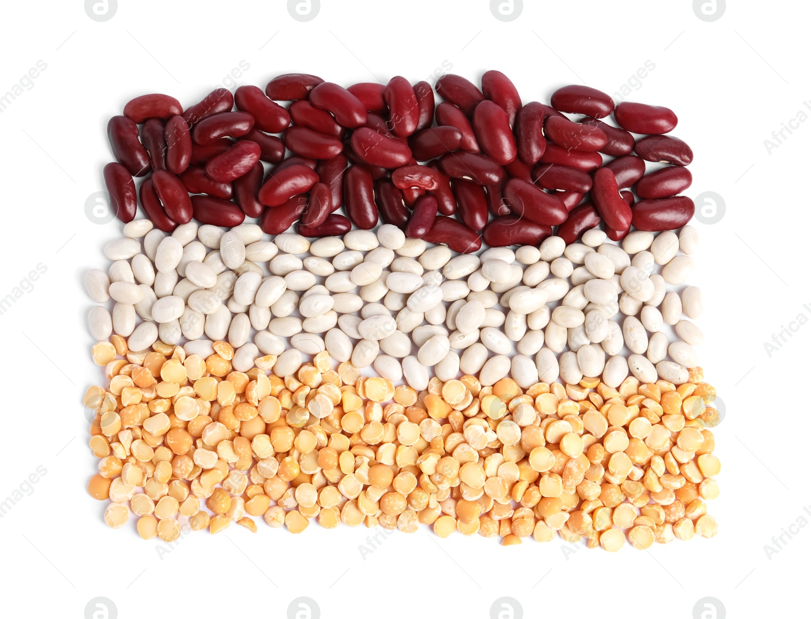 Photo of Different types of legumes isolated on white, top view