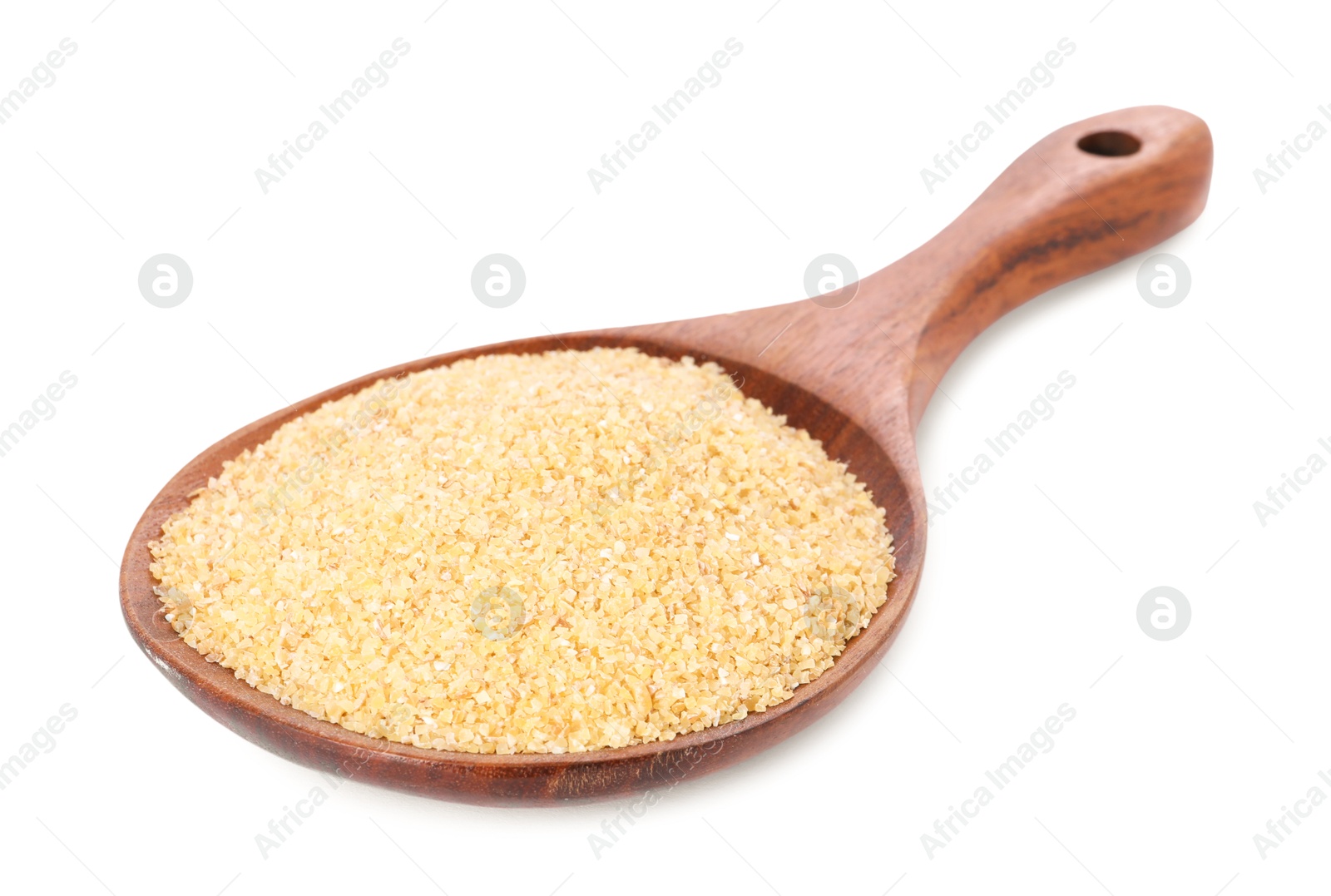 Photo of Spoon with raw wheat groats isolated on white