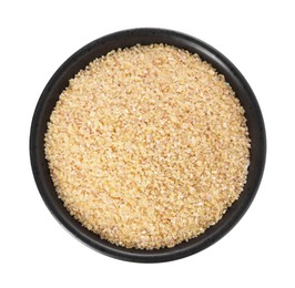 Photo of Raw wheat groats in bowl isolated on white, top view