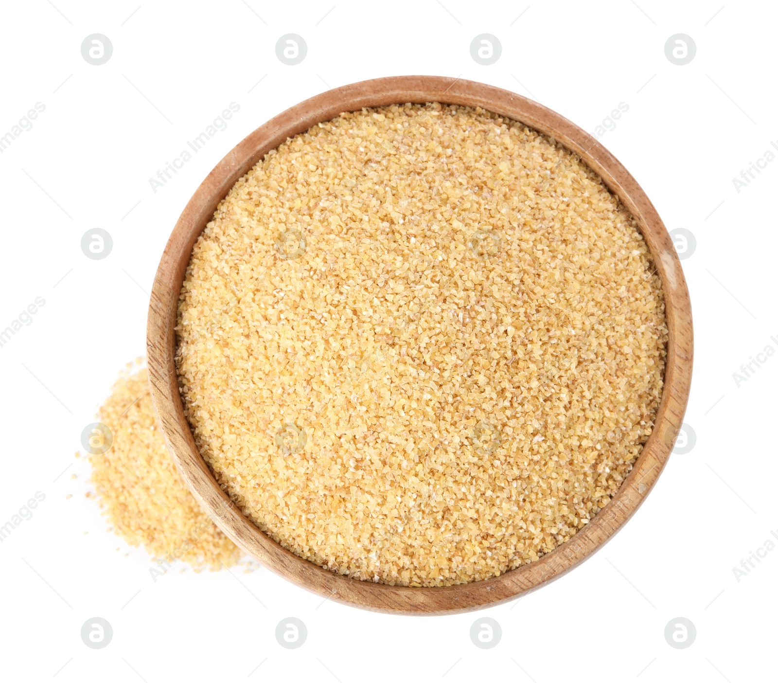 Photo of Raw wheat groats in bowl isolated on white, top view