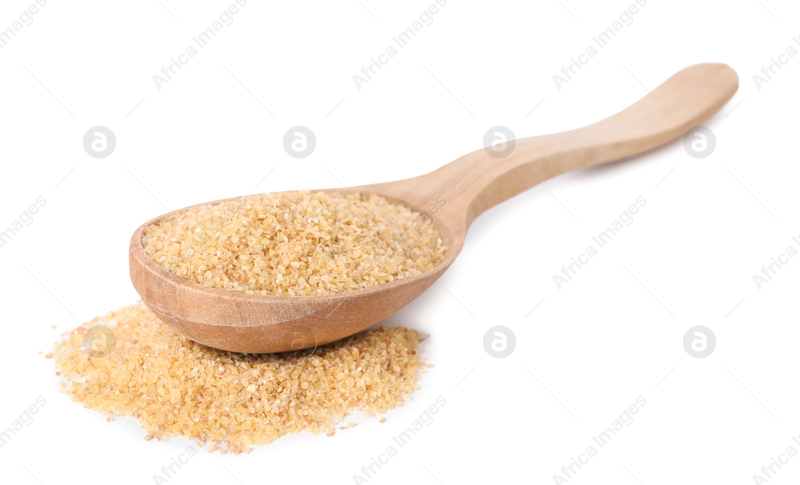 Photo of Spoon with raw wheat groats isolated on white