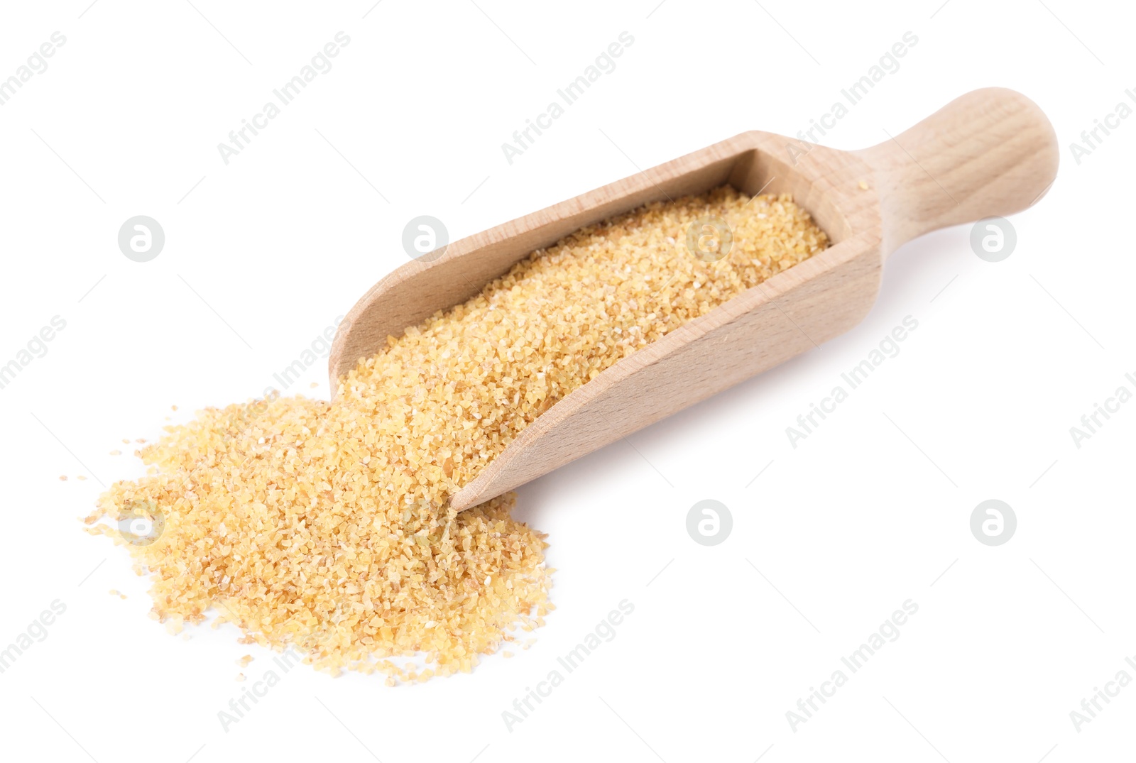 Photo of Scoop with raw wheat groats isolated on white