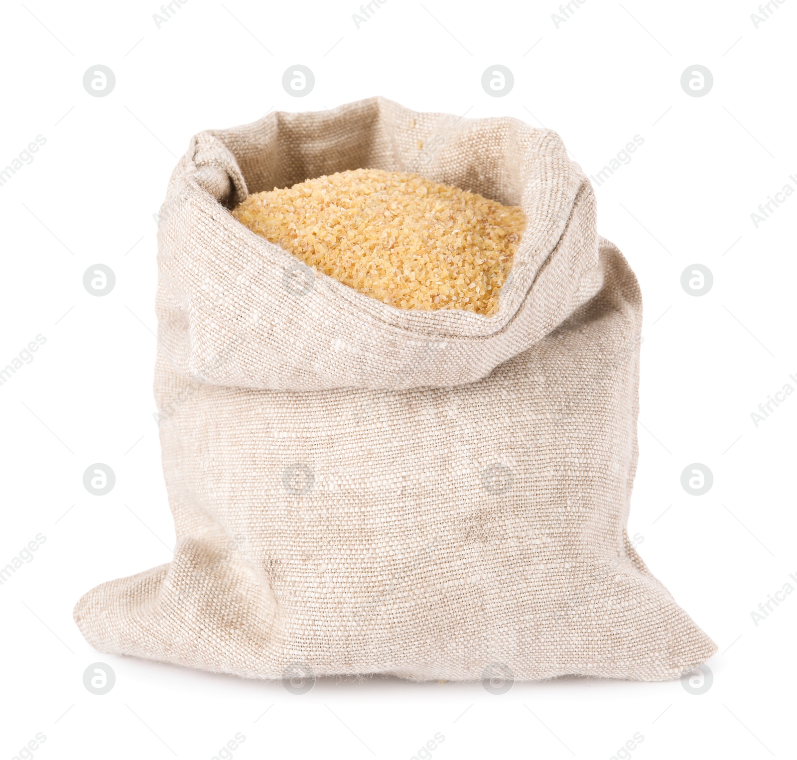 Photo of Raw wheat groats in sack isolated on white