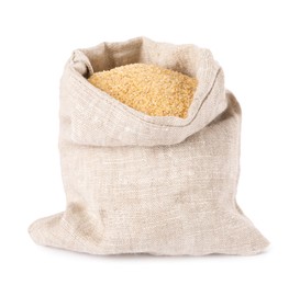 Photo of Raw wheat groats in sack isolated on white