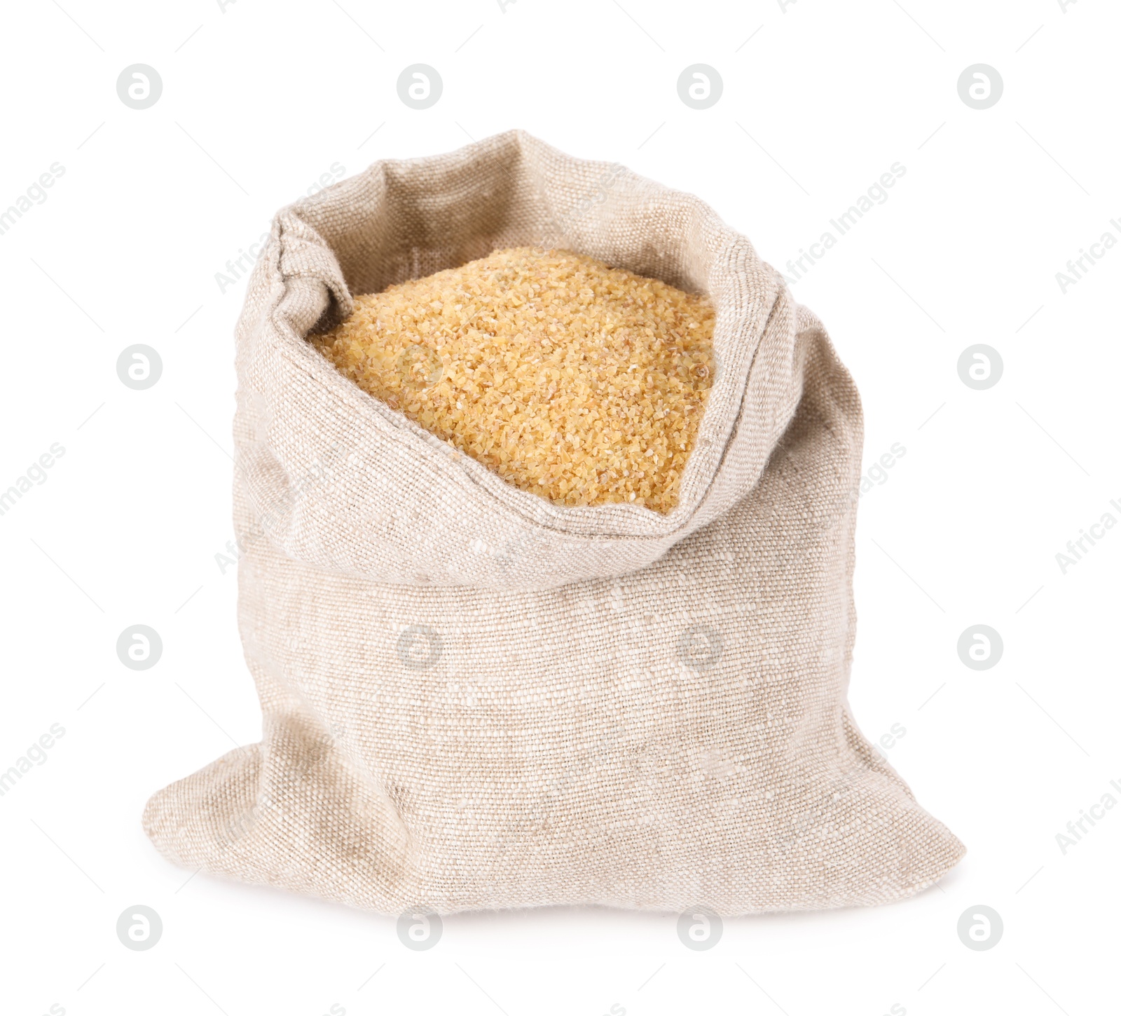 Photo of Raw wheat groats in sack isolated on white