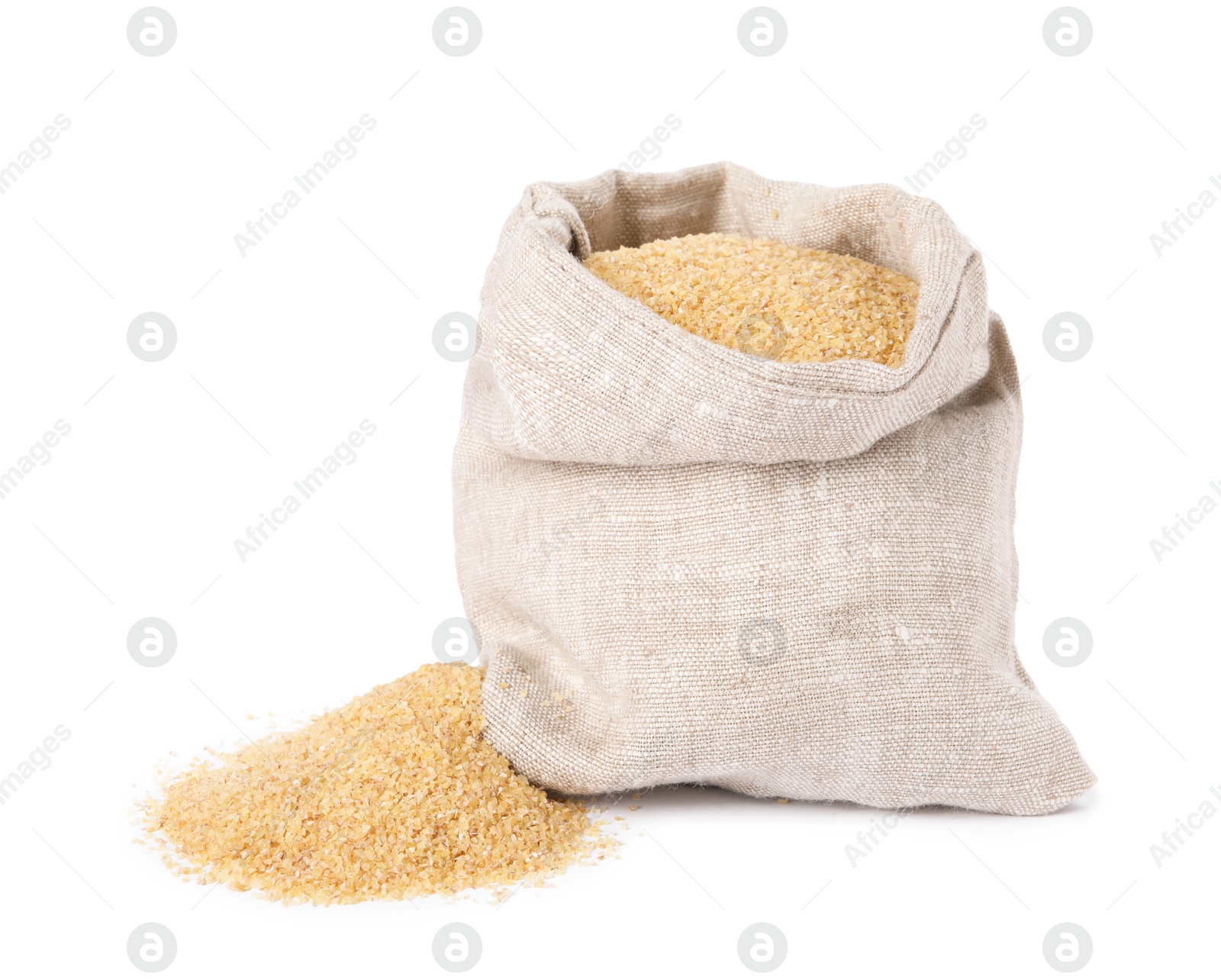 Photo of Raw wheat groats in sack isolated on white