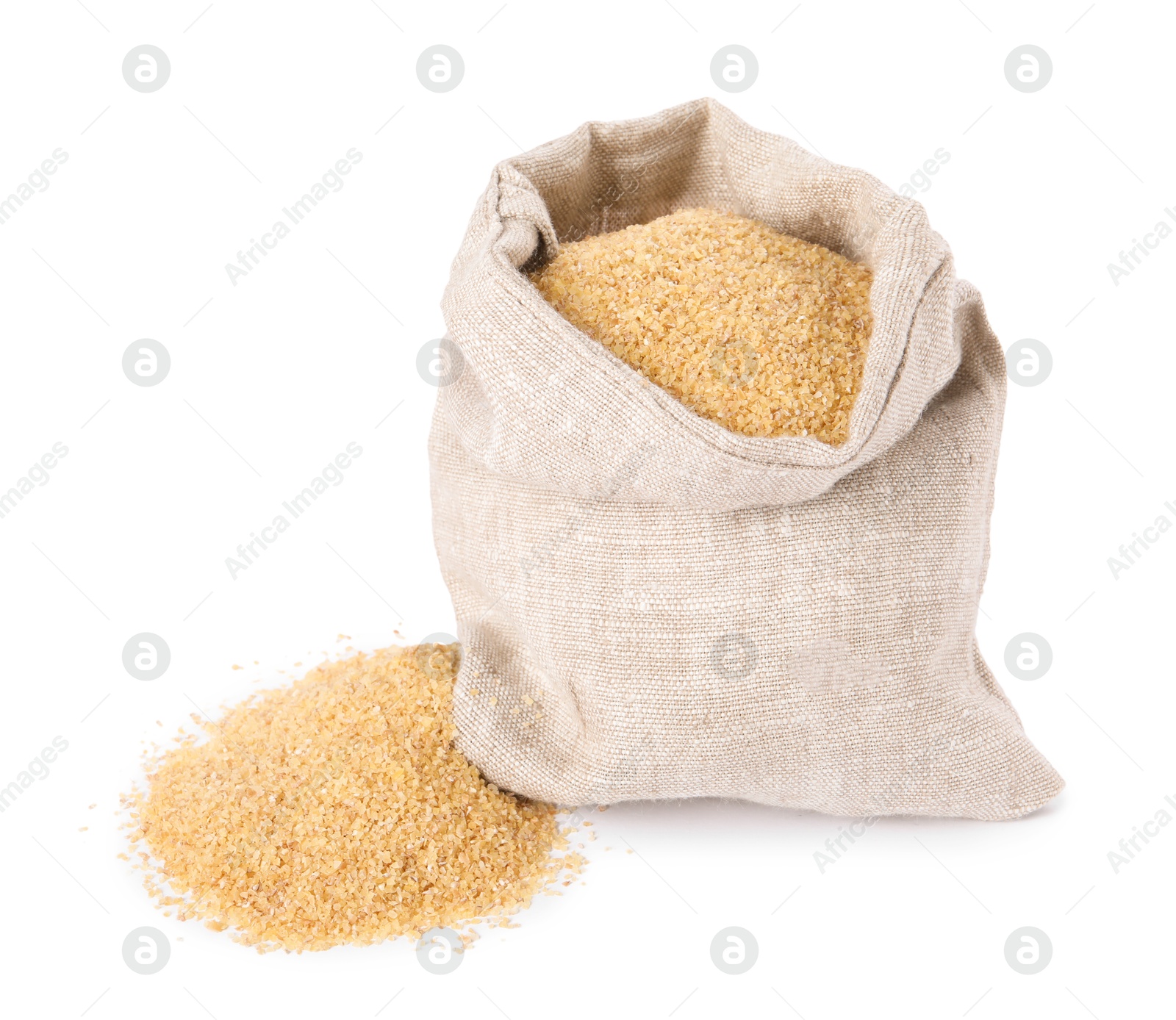 Photo of Raw wheat groats in sack isolated on white