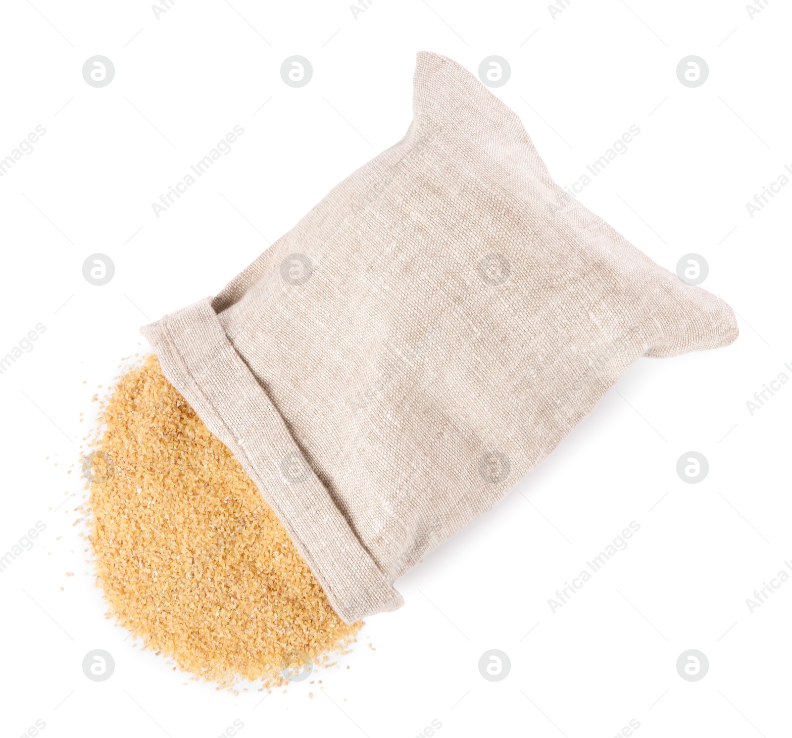 Photo of Raw wheat groats in sack isolated on white, top view