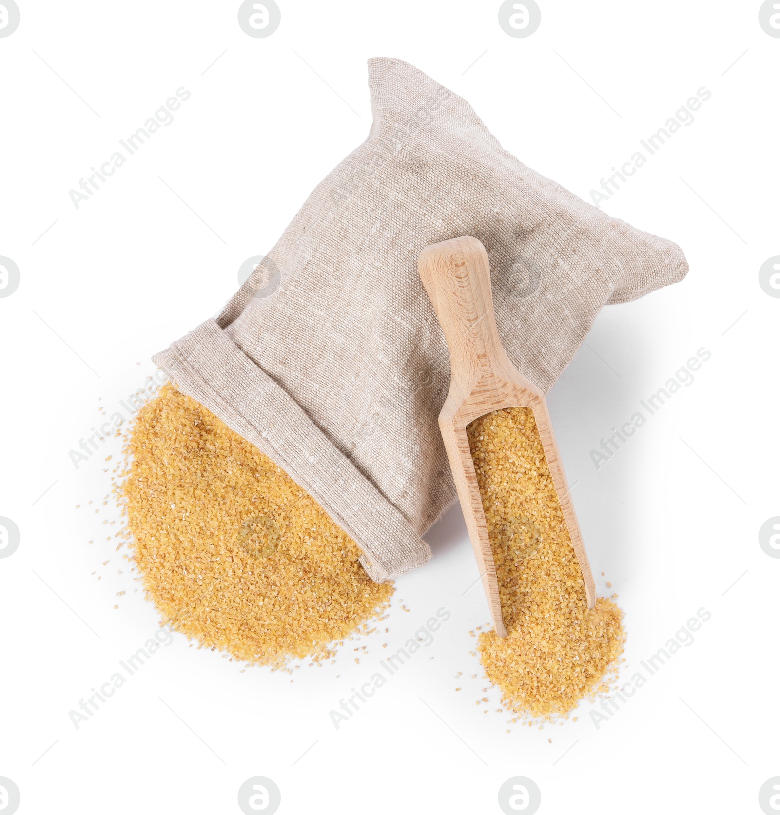 Photo of Raw wheat groats in sack and scoop isolated on white, top view