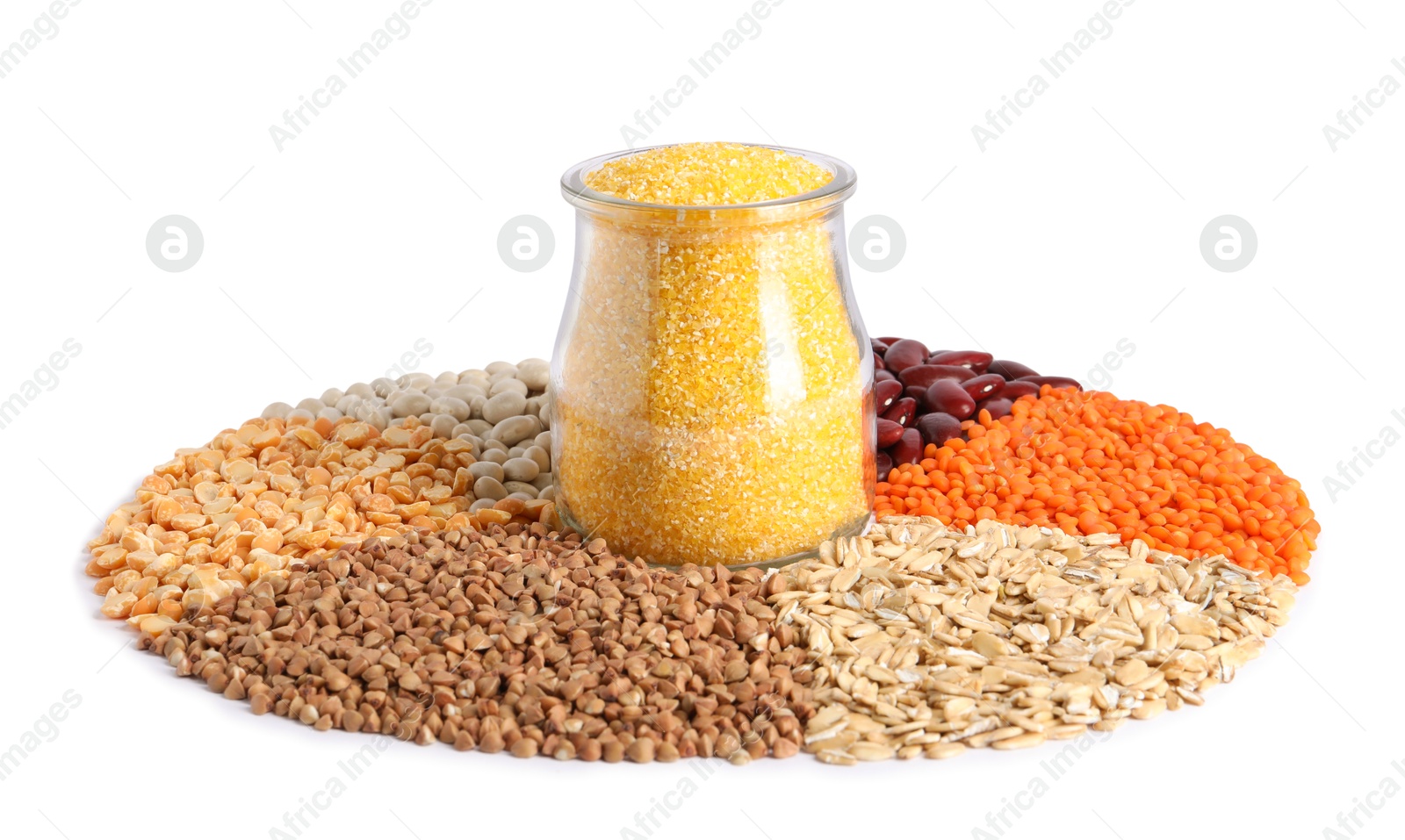 Photo of Dry cornmeal in jar surrounded by different cereals and legumes isolated on white