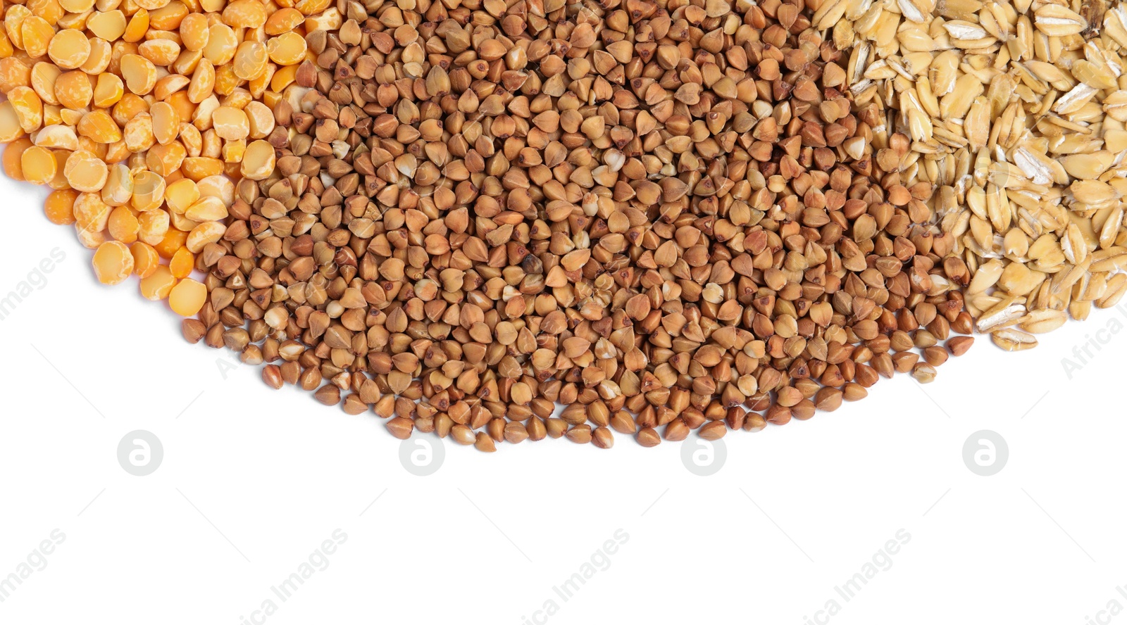 Photo of Dry buckwheat, peas and lentils isolated on white, top view