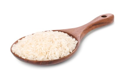 Spoon with raw rice isolated on white