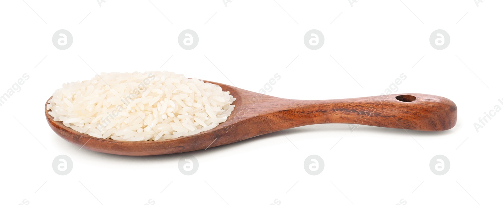 Photo of Spoon with raw rice isolated on white