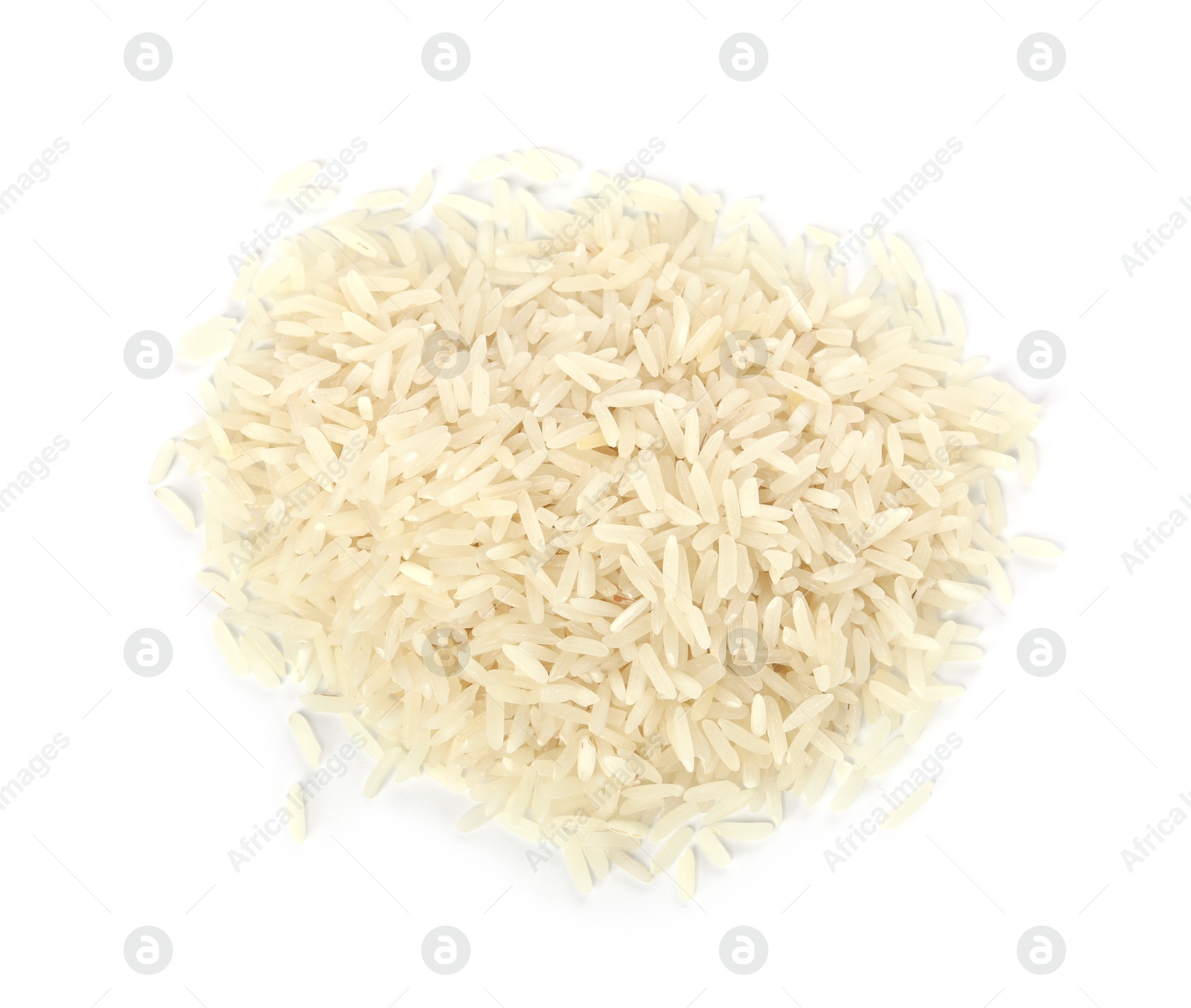 Photo of Pile of raw rice isolated on white, top view