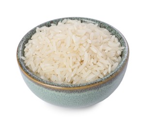 Photo of Raw rice in bowl isolated on white