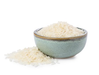 Photo of Raw rice in bowl isolated on white