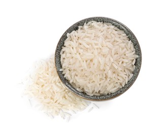 Photo of Raw rice in bowl isolated on white, top view