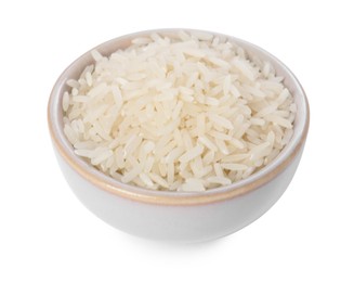 Photo of Raw rice in bowl isolated on white