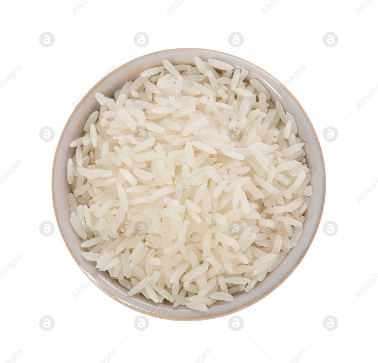 Photo of Raw rice in bowl isolated on white, top view