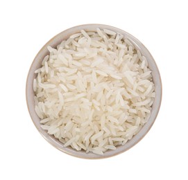 Photo of Raw rice in bowl isolated on white, top view