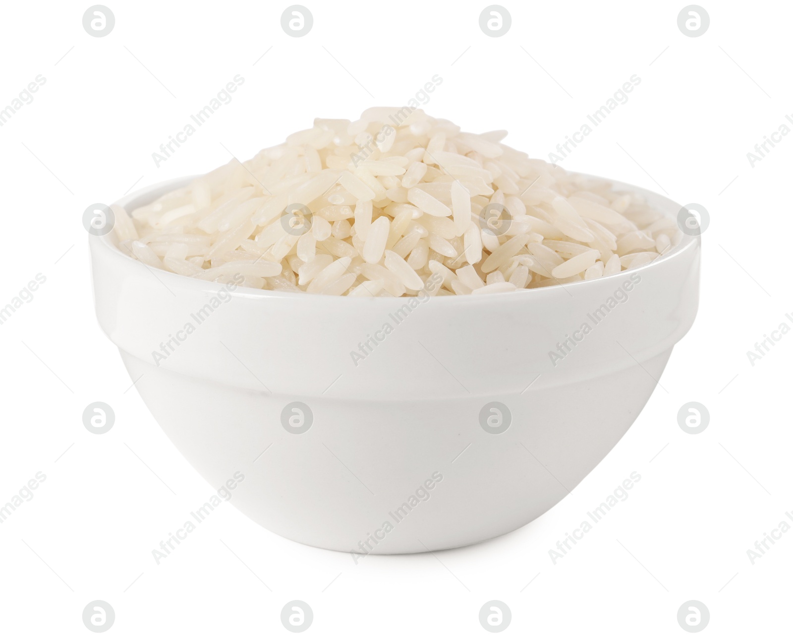 Photo of Raw rice in bowl isolated on white