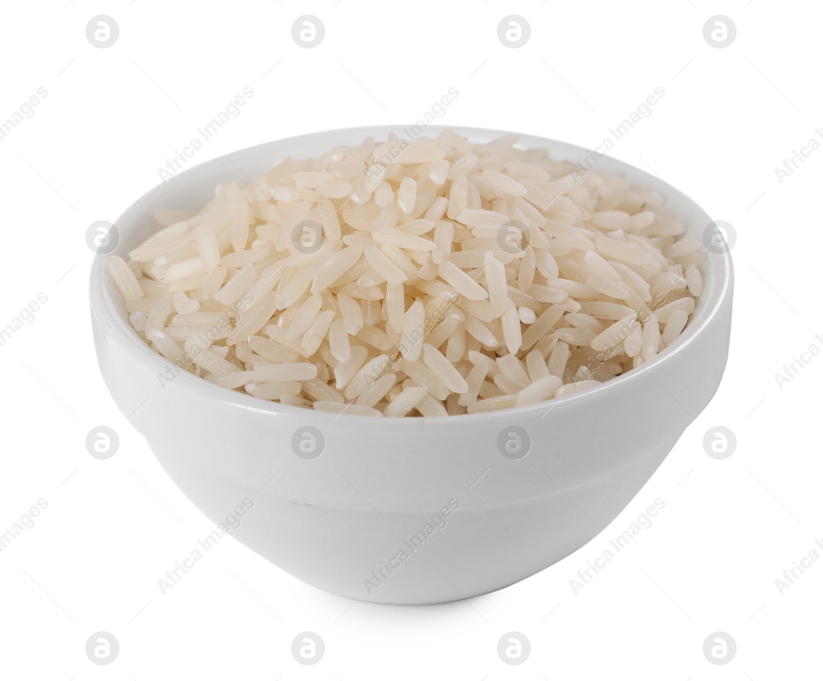 Photo of Raw rice in bowl isolated on white