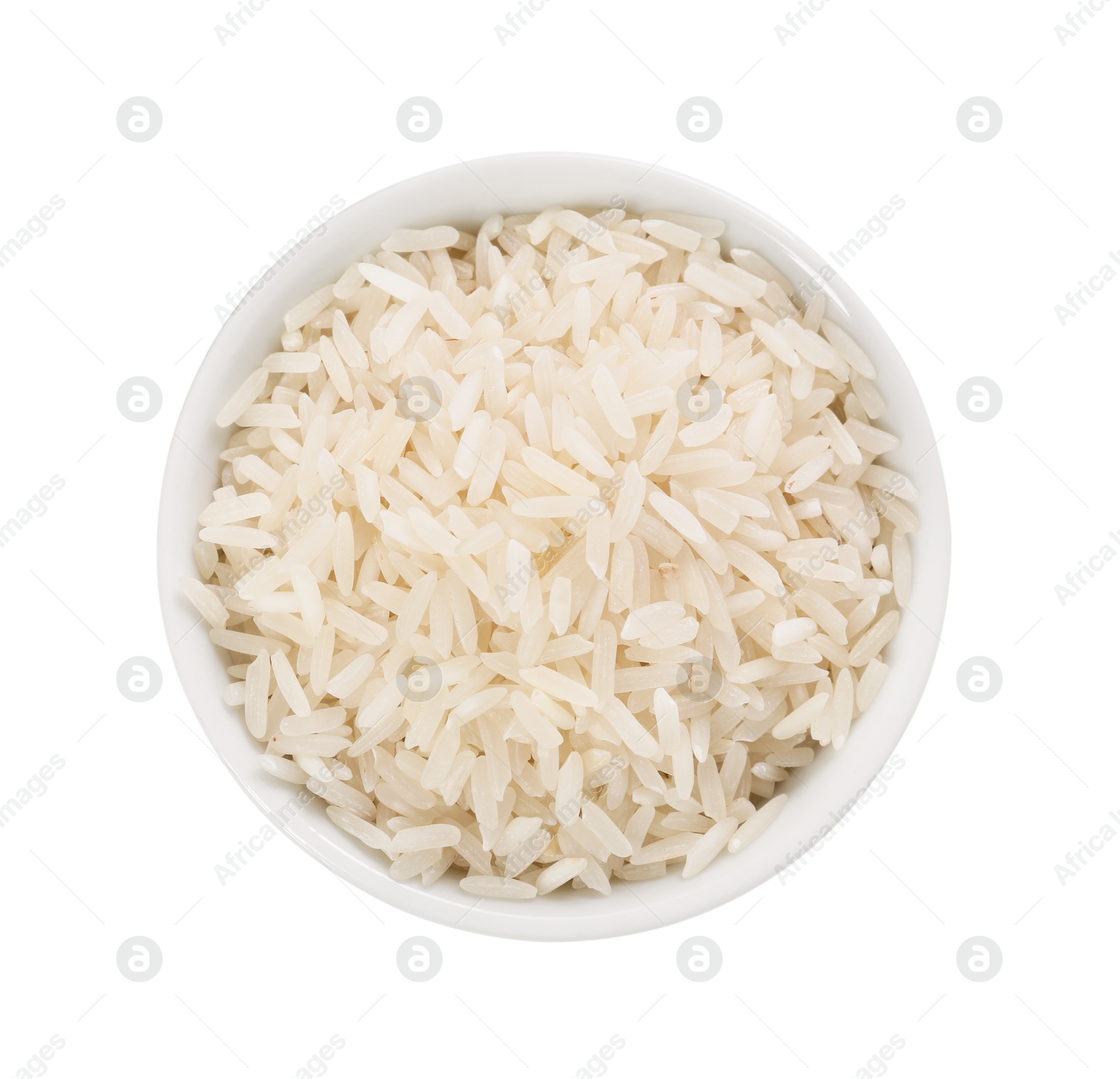 Photo of Raw rice in bowl isolated on white, top view