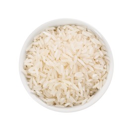 Photo of Raw rice in bowl isolated on white, top view